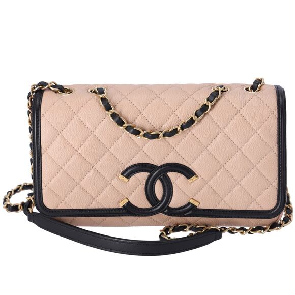 CHANEL CC Filigree Matelass Flap Bag A93341 Beige Black Calfskin - Picture 1 of 9